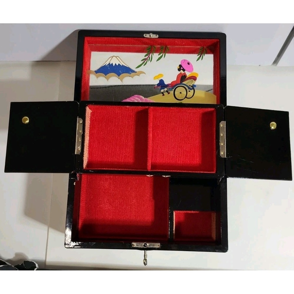 Vintage Crestline Japan Music Jewelry Box Black Lacquered Painted Mirror Locking - Picture 5 of 16